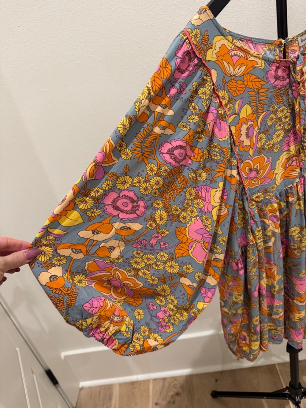 Floral Tie-Front Romper in Gray, Pink & Orange - Picture 4 of 5